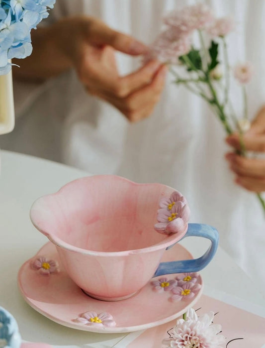 Hand-Painted Plum Blossom Cup and Saucer